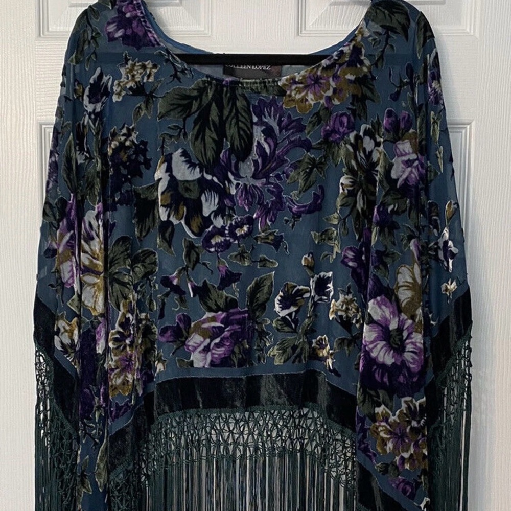 Colleen Lopez Floral Fringe Poncho - Green and Purple one size